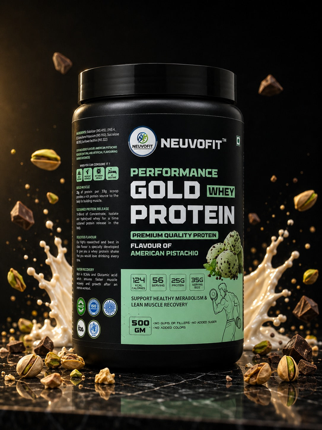 Neuvofit Performance Gold Whey Protein 1kg tub, American Pistachio flavour