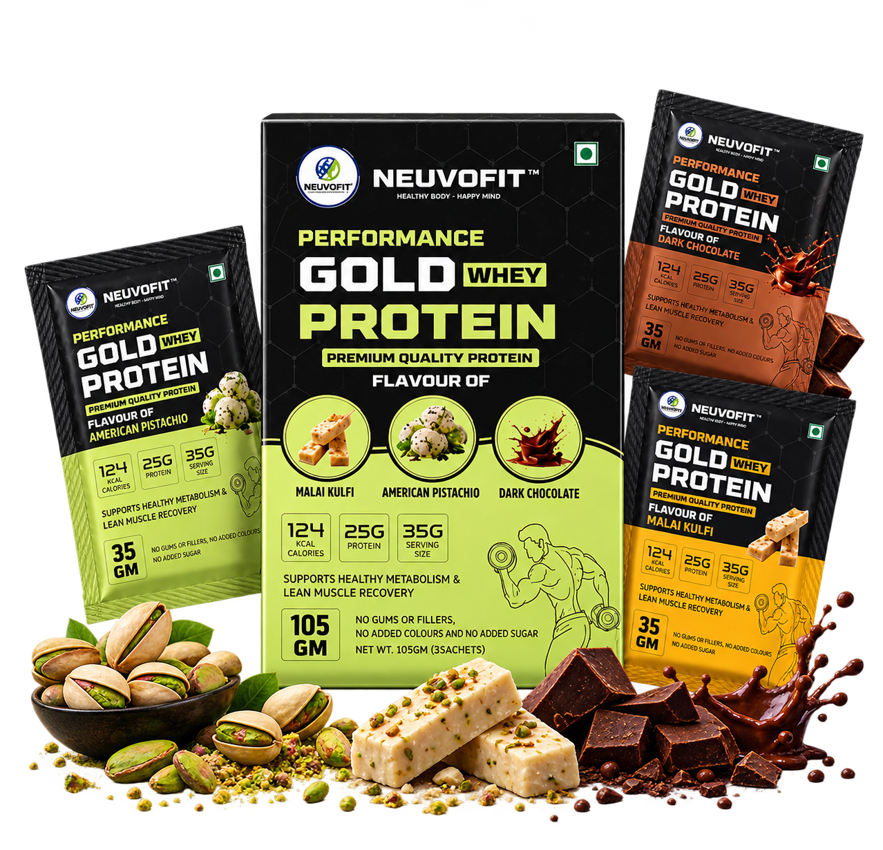 Neuvofit Performance Gold Whey Protein – Trial Pack (100g, All 3 Flavours)